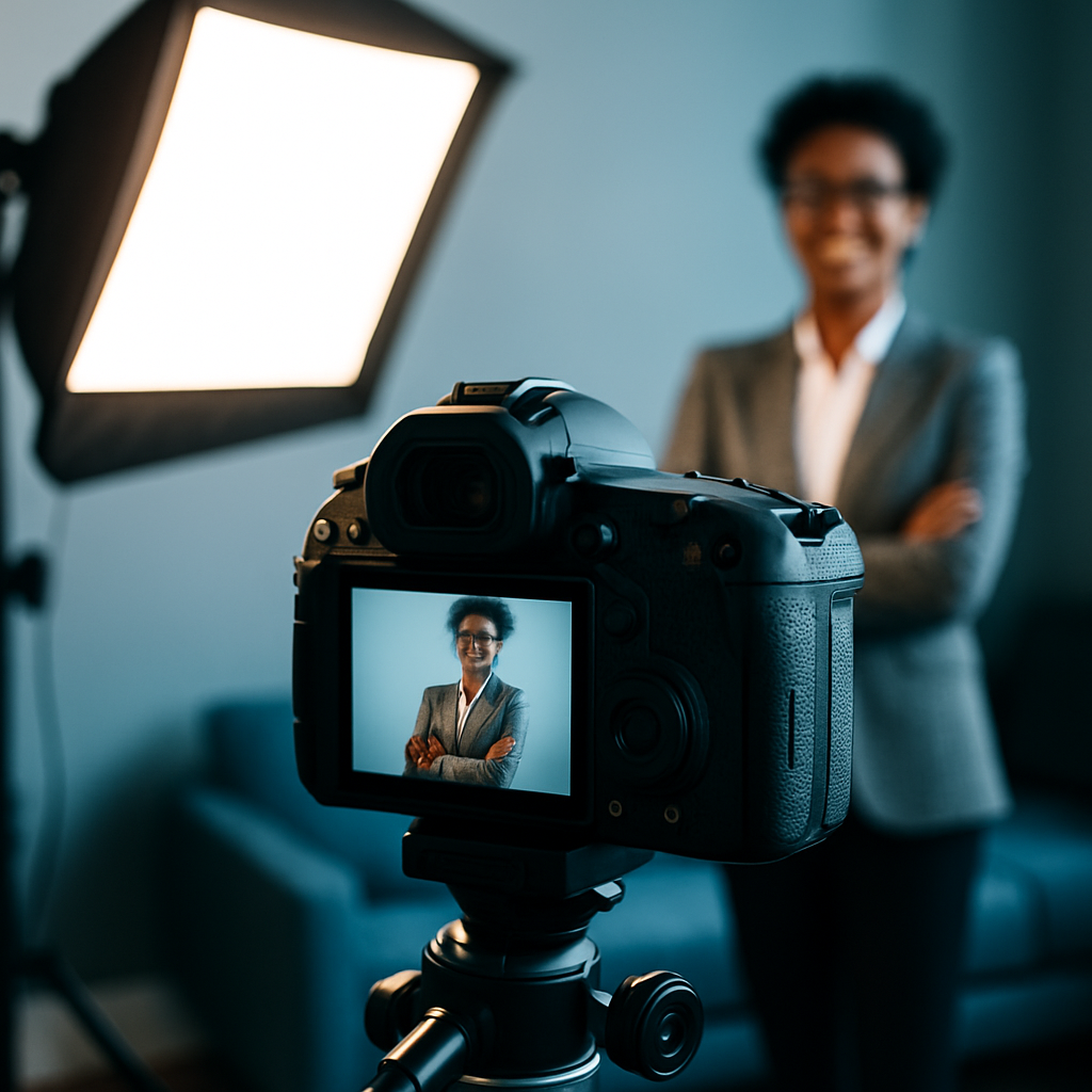 Appareil photo professionnel capturant un portrait corporate avec éclairage studio