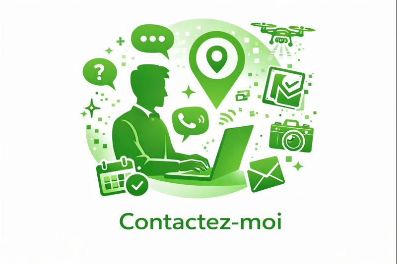 Icône de contact représentant un professionnel à l’écoute, avec des symboles de communication, photo, vidéo et drone.